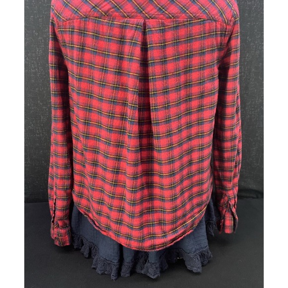 BDG Urban Outfitter Louie Red Plaid Flannel Shirt Layered Lace Ruffled Detail SP - Picture 8 of 14